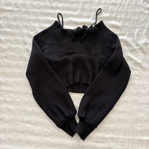 YesStyle Black Off-the-Shoulder Ribbed Sweater